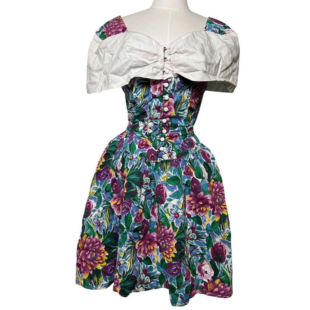 Vintage‎ 80s Floral Dress White Collar Retro Tea Garden Party Cottagecore M